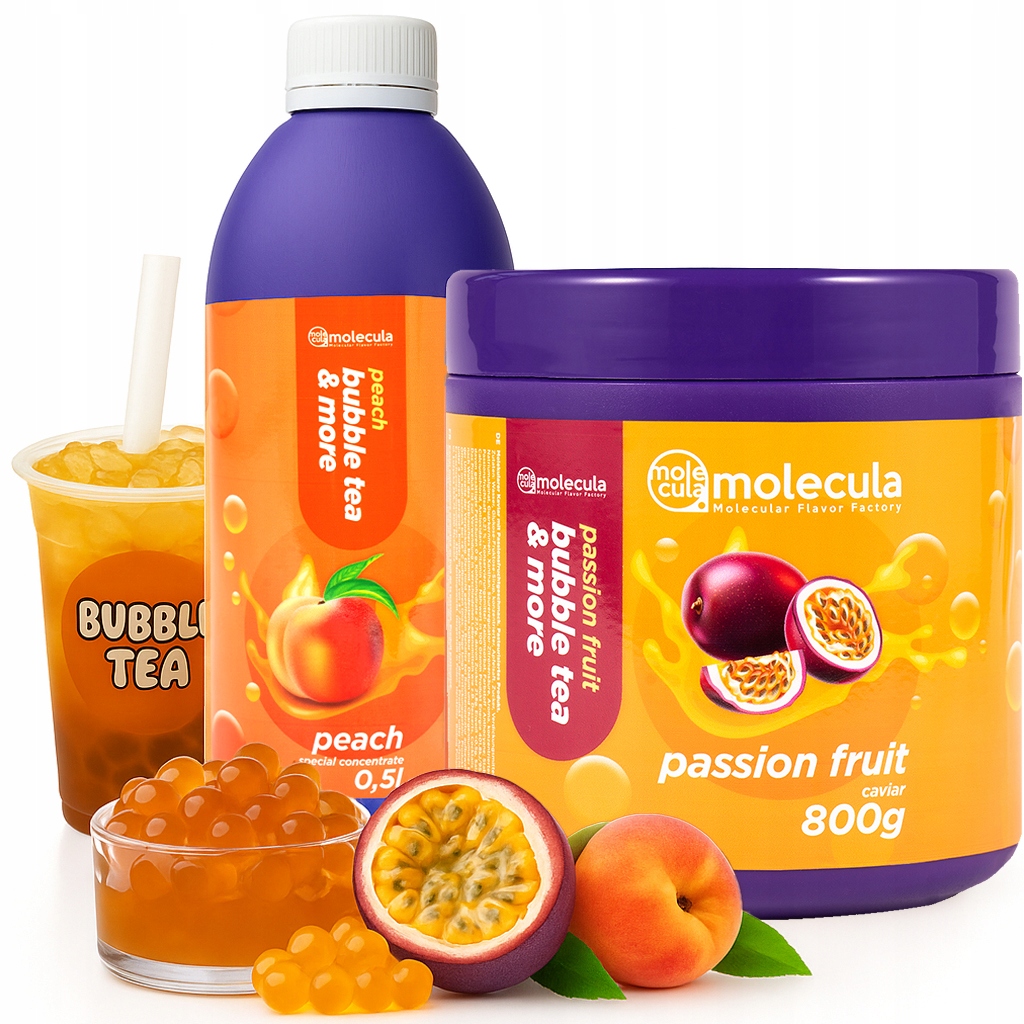 Molecula Bubble Tea sada 800 g + 500 ml | Guľôčky z mučenky a broskyňový sirup